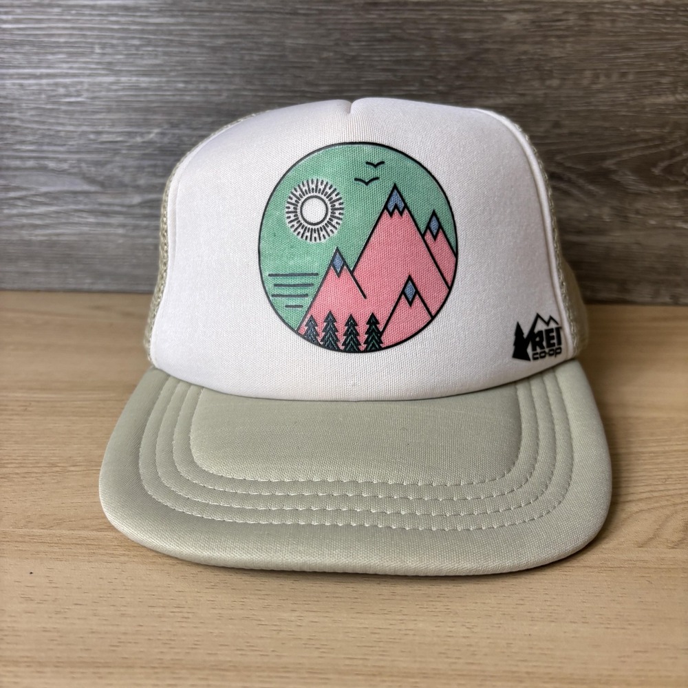 REI Co-op Hat Cap Snap Back Womens Tan Trucker Mesh Mountains Graphic Hiking